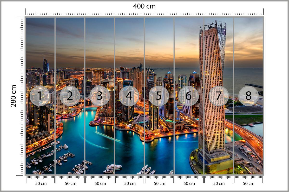 FOTOTAPETE für Büro Hochhäuser Dubai Marina Hafen Lichter Modern 400x280 - Türkis/Gelb, Papier (400/280cm) - Muralo