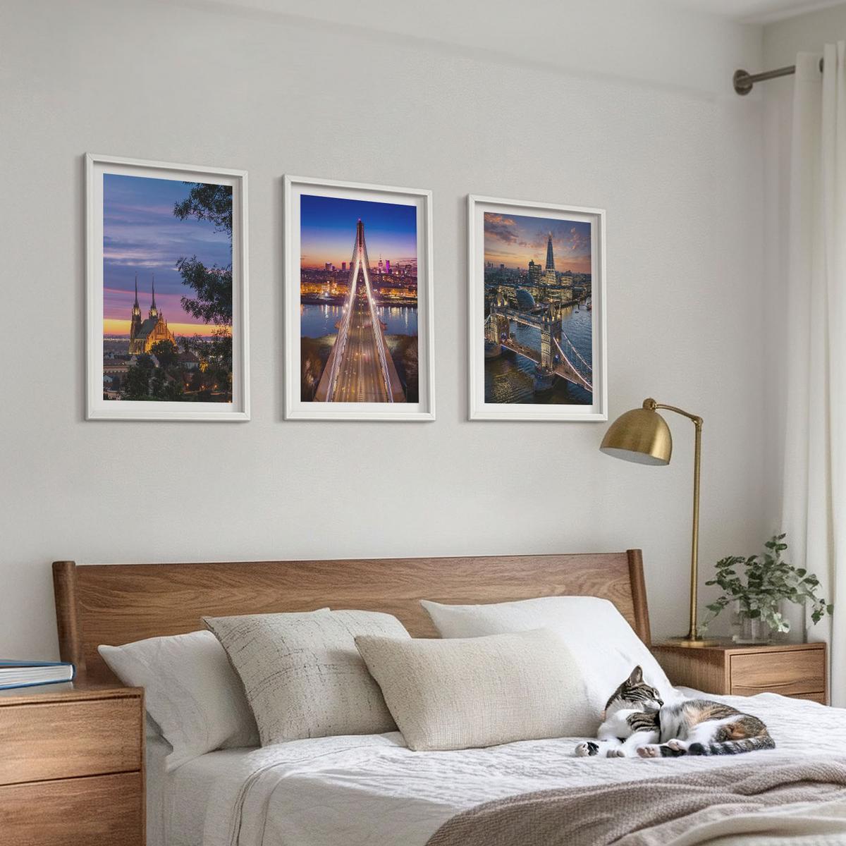 BILDER SET 3er Set - 40x60 cm Weißer Rahmen - Ausblicke auf Brücken und Sonnenuntergänge - Weiß, Kunststoff (40/60cm) - TULUP