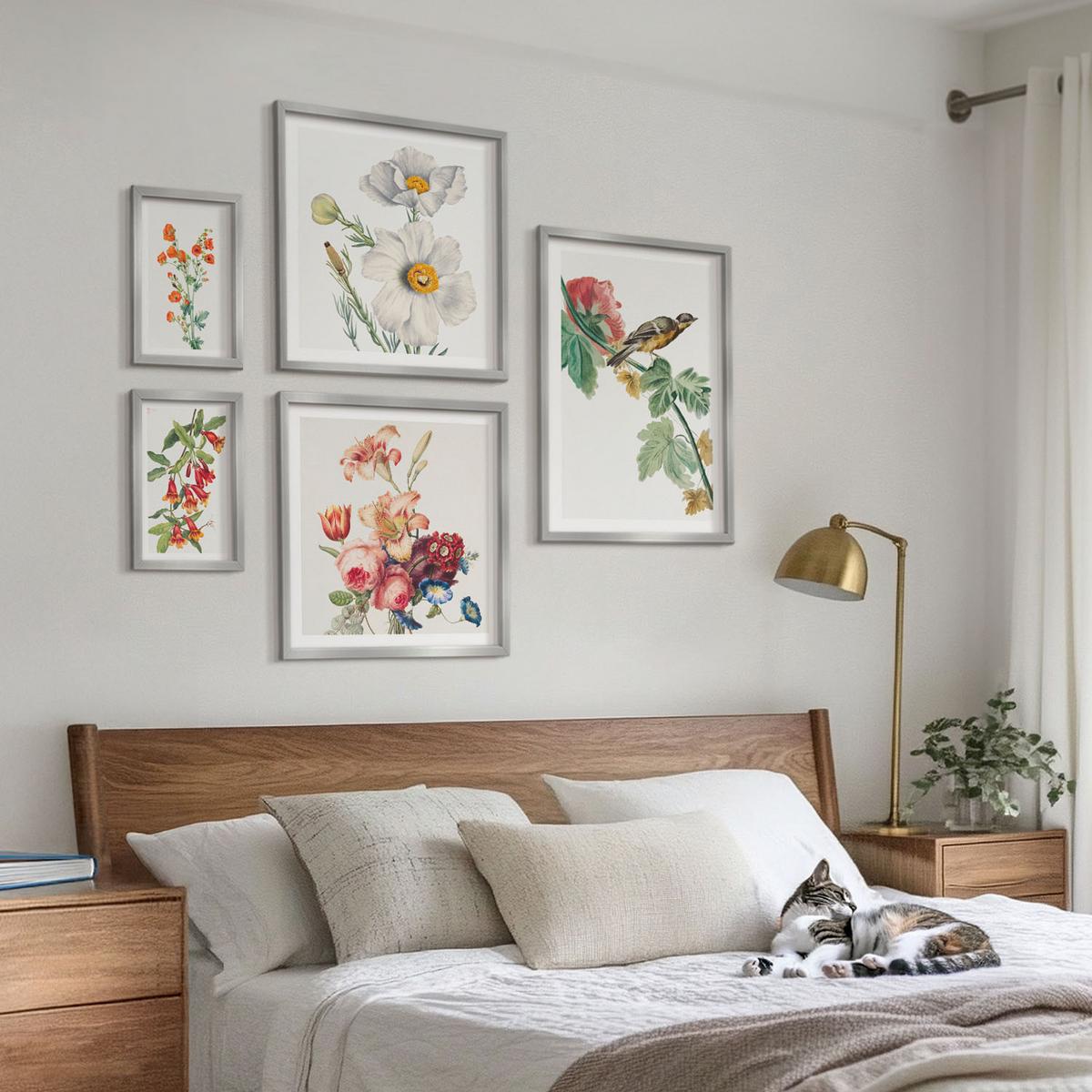 BILDER SET 5er Set - 50x50 cm & 20x30 cm & 40x60 cm Silberner Rahmen - Gemalte Blumen, Retro-Vogel - Silberfarben, Kunststoff (40/60cm) - TULUP