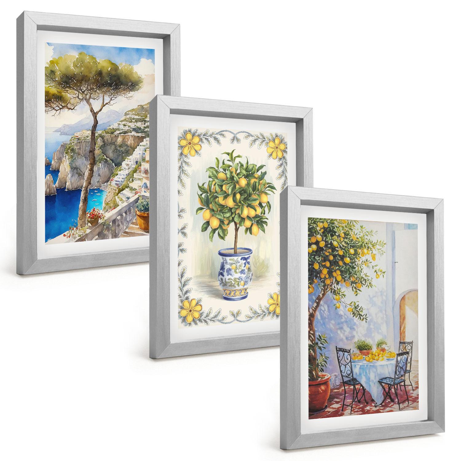 BILDER SET 3er Set - 20x30 cm Silberner Rahmen - Blick auf das Meer aus Zitronenbäumen - Silberfarben, Kunststoff (20/30cm) - TULUP