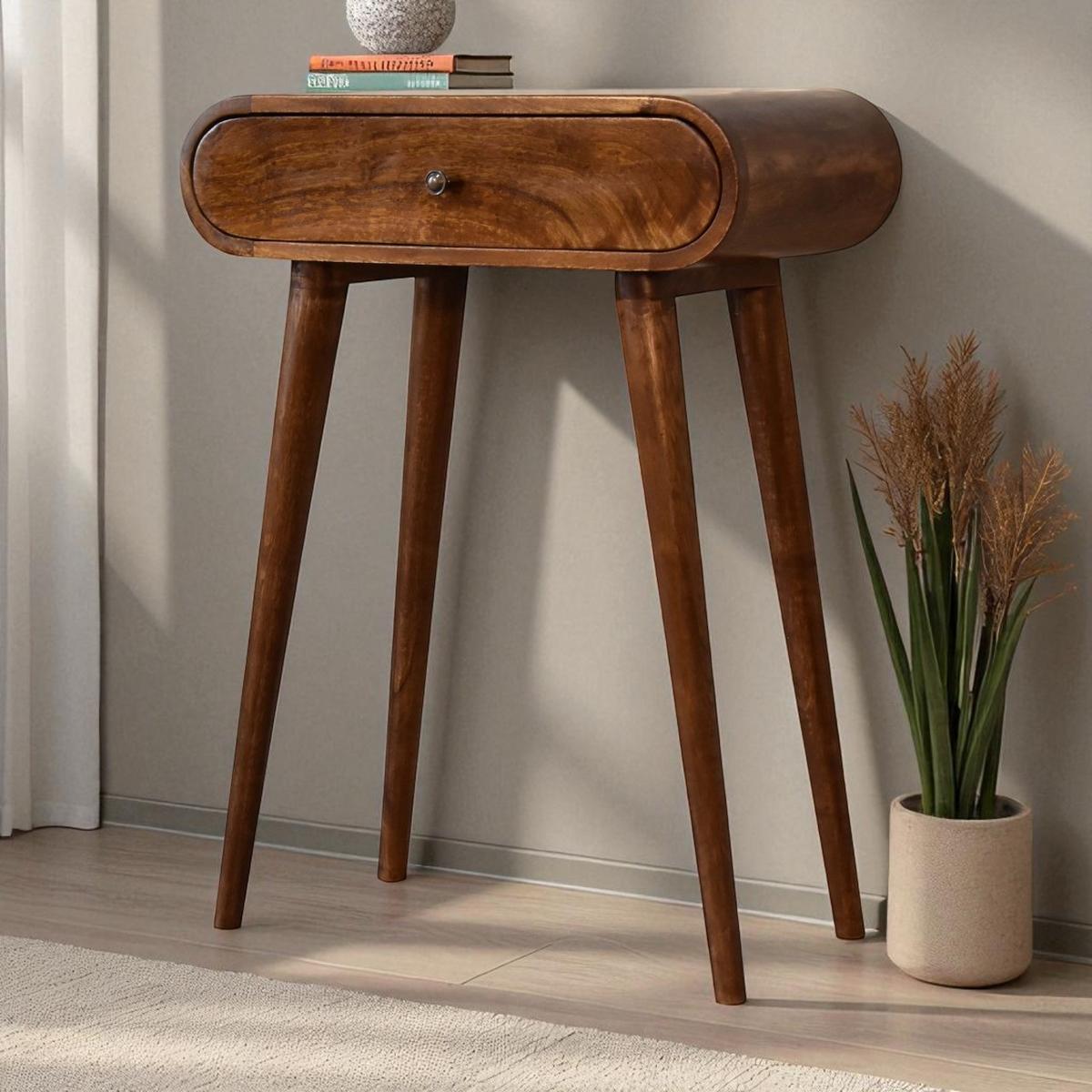 KONSOLENTISCH mini im Kastanienholz-Finish, 1 Schublade, Nordische Beine, Braun - Kastanienfarben/Messingfarben, Holz/Metall (30/60/78cm) - Artisan Furniture