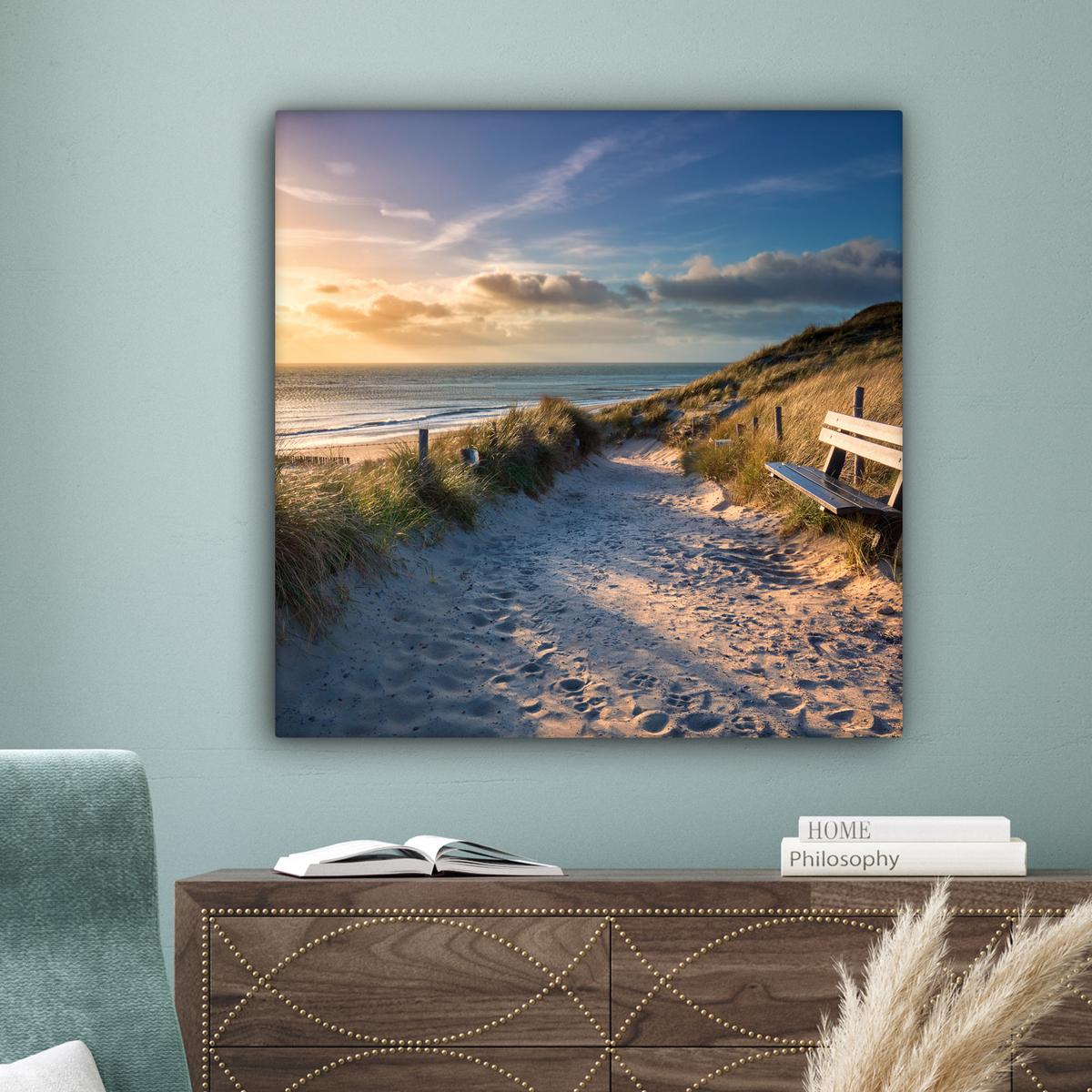 LEINWANDBILD Sonnenuntergang - Strand - Düne - Gras - Ufer Deko Groß 90x90 cm - Sandfarben, Textil (90/90cm) - MuchoWow