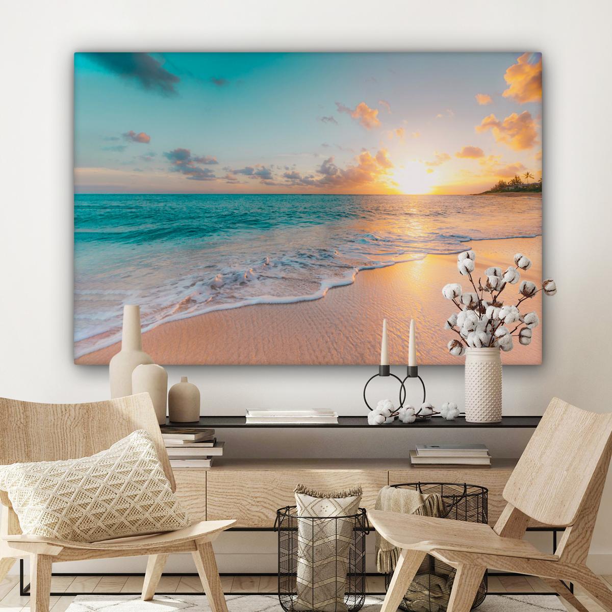 LEINWANDBILD Sonnenuntergang - Strand - Meer - Sommer - Blau Groß 140x90 cm - Multicolor, Textil (140/90cm) - MuchoWow
