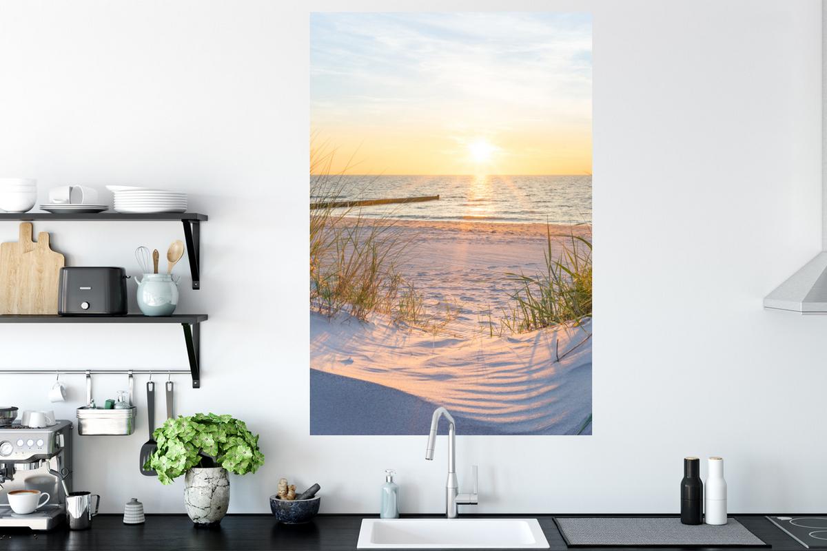 WANDTATTOO Strand - Sonne - Düne - Gras - Sand - Horizont Wandaufkleber 80x120 cm - Hellblau, Kunststoff (80/120/0.1cm) - MuchoWow