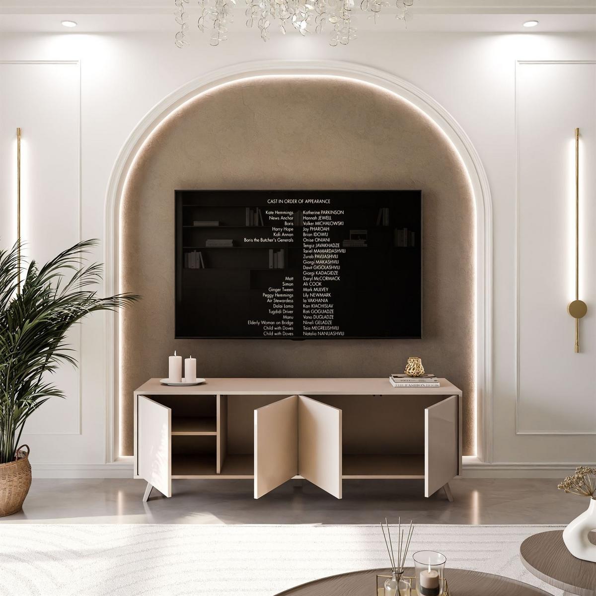 TV-SCHRANK SANAYI mit hohen Kunststoffbeinen Kaschmir Hochglanz - Beige, Holzwerkstoff (156/54/38cm) - Lookway