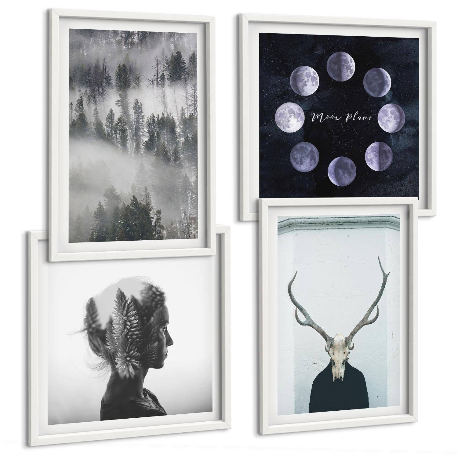 BILDER SET 4er Set - 50x50 cm & 40x60 cm Weißer Rahmen - Waldnebel, Mond, Schädel, Frau - Weiß, Kunststoff (50/50cm) - TULUP
