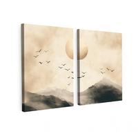 LEINWANDBILD 2er Set Landschaft - Japandi - Beige - Vögel 100x70 cm - Beige, Textil (100/70cm) - MuchoWow