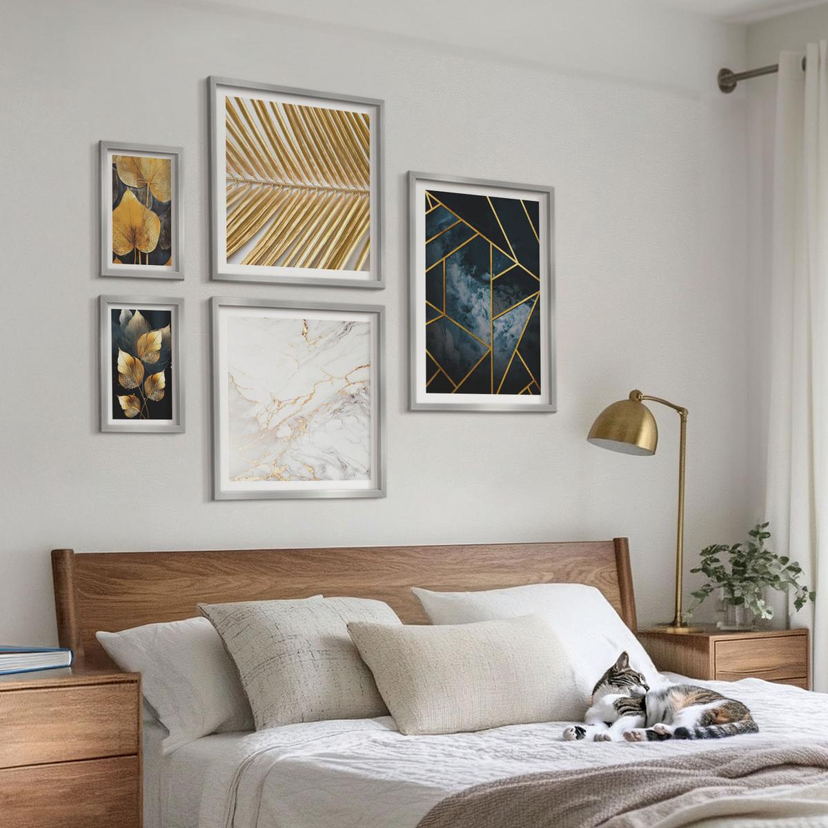 BILDER SET 5er Set - 50x50 cm & 20x30 cm & 40x60 cm Silberner Rahmen - Moderne Pflanzenmuster - Silberfarben, Kunststoff (40/60cm) - TULUP