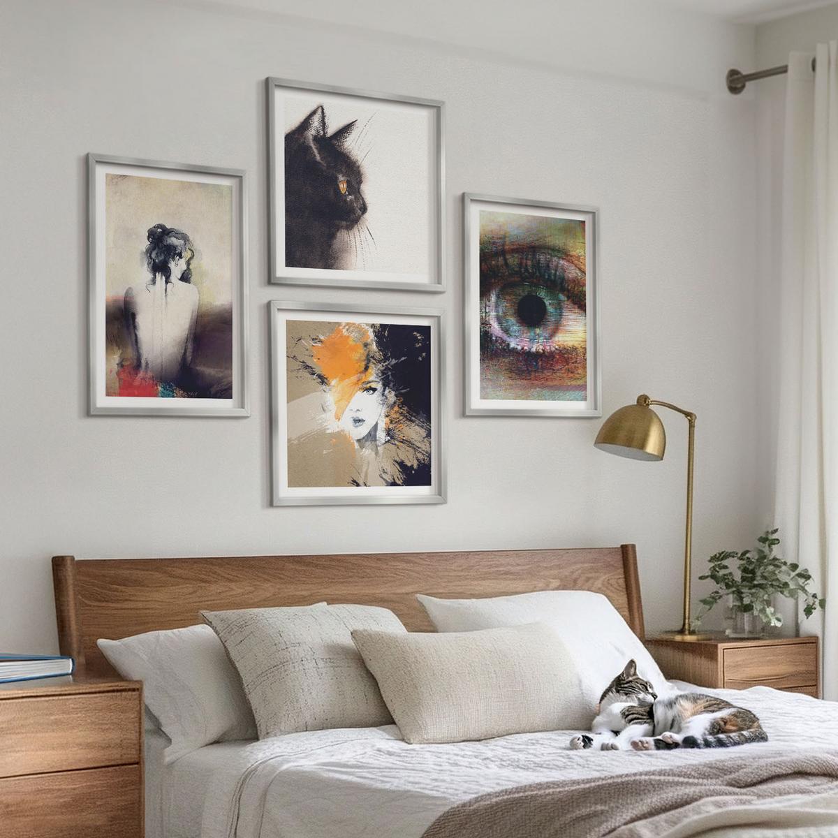 BILDER SET 4er Set - 50x50 cm & 40x60 cm Silberner Rahmen - Porträt einer Frau, Auge, Farben, Emotionen - Silberfarben, Kunststoff (50/50cm) - TULUP