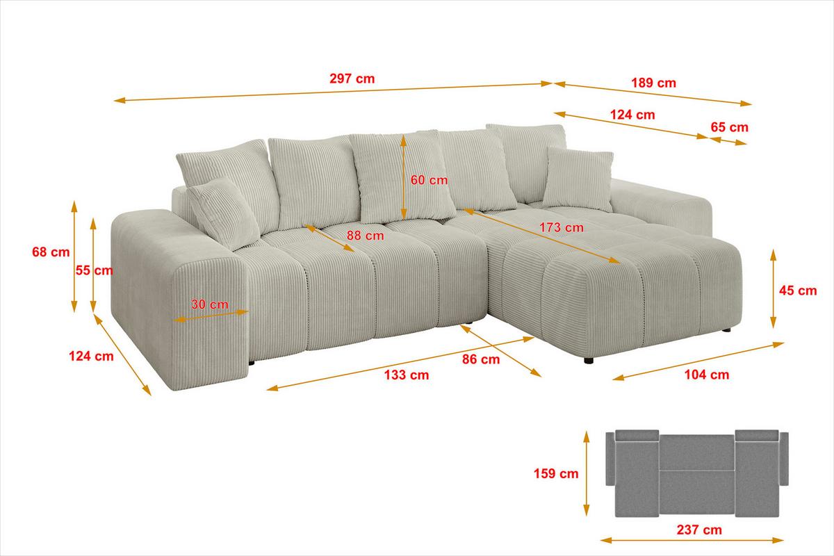 ECKSOFA Ottomane rechts ENIL-L 297x189x68 Creme Cord - Ecru/Creme, Holzwerkstoff/Kunststoff (189/297cm) - ALTDECOR