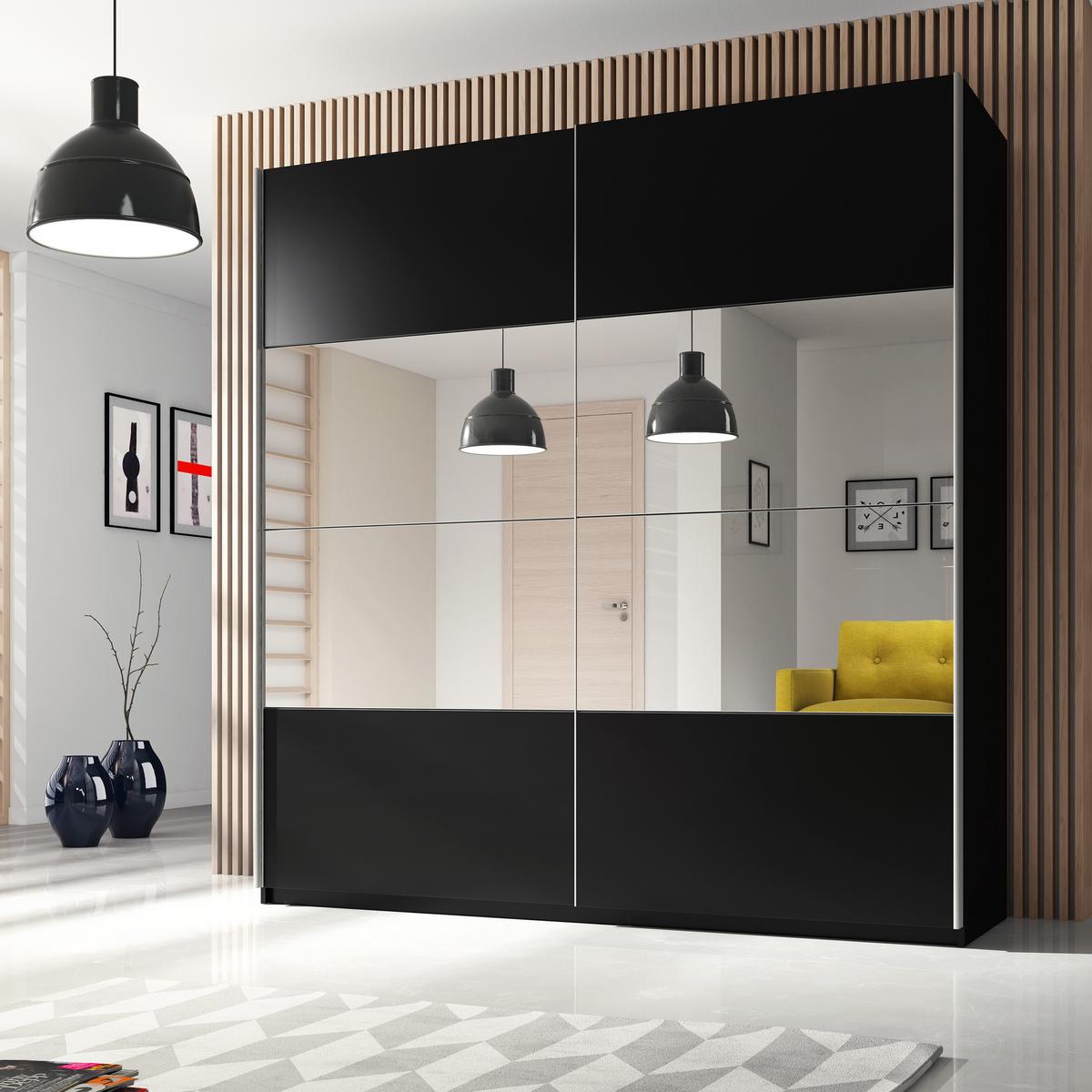 SCHWEBETÜRENSCHRANK BETTINA 200/210/61 cm 2-türig mit Spiegel Schwarz - Schwarz, Holzwerkstoff (200/210/61cm) - MASSENO