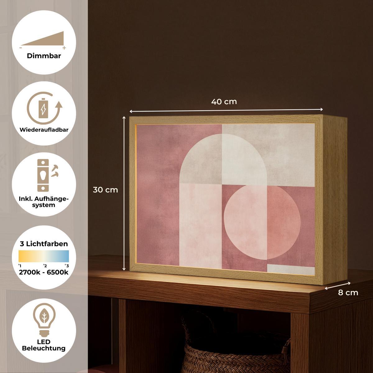 WANDLEUCHTE MIT AKKU Figuren - Abstrakt - Rosa 40x30 cm - Altrosa, Holzwerkstoff (40/30/8cm) - OnlyWow