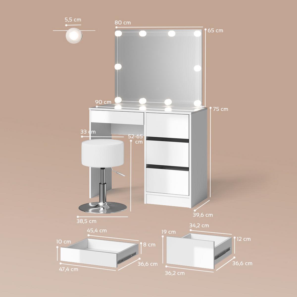 SCHMINKTISCH Imola Weiß mit LED Beleuchtung und Hocker - Weiß, Holzwerkstoff (90/75/40cm) - Livinity®