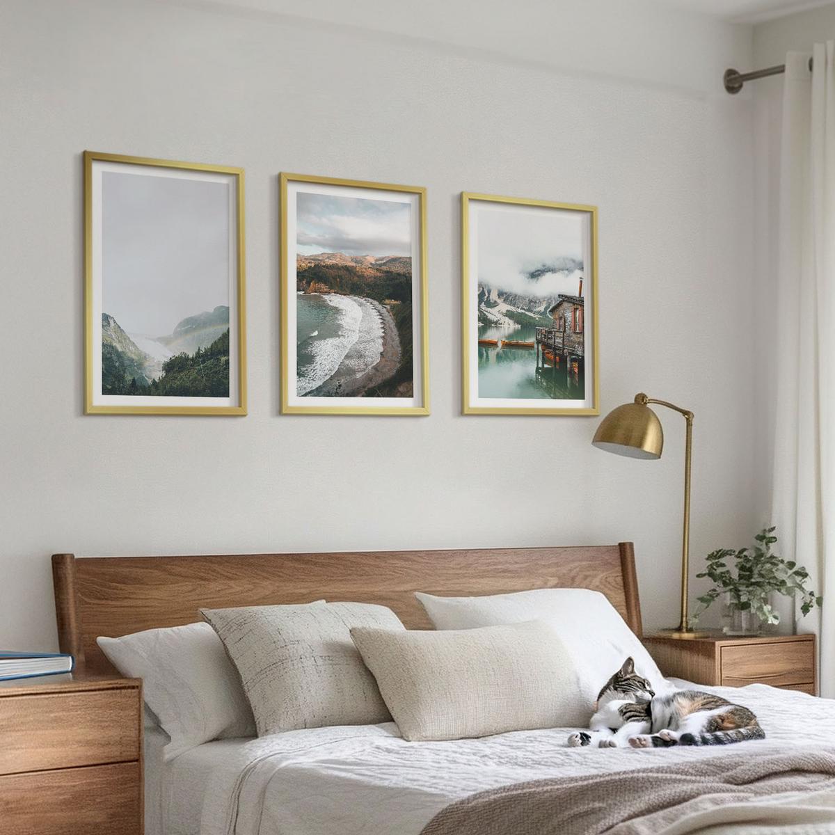 BILDER SET 3er Set - 40x60 cm Goldrahmen - Berge, Strand, Wolken, Wasser - Goldfarben, Kunststoff (40/60cm) - TULUP
