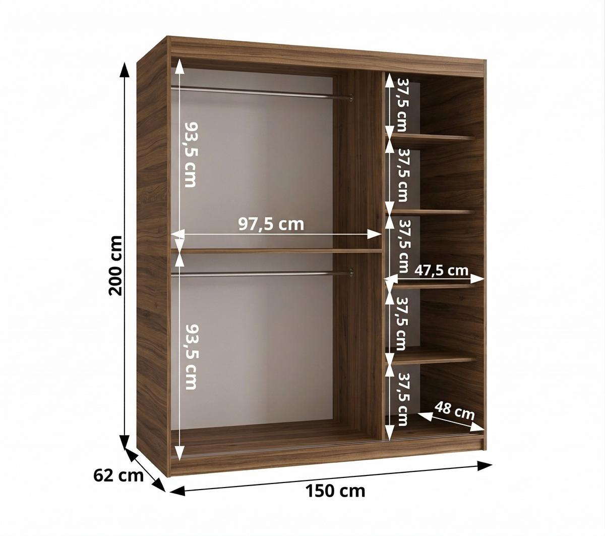 SCHIEBETÜRENSCHRANK mit Spiegel LUCY 200/150/62 2-türig - Silberfarben/Walnussfarben, Holz (150/62/150cm) - MÖBEL KRYSPOL