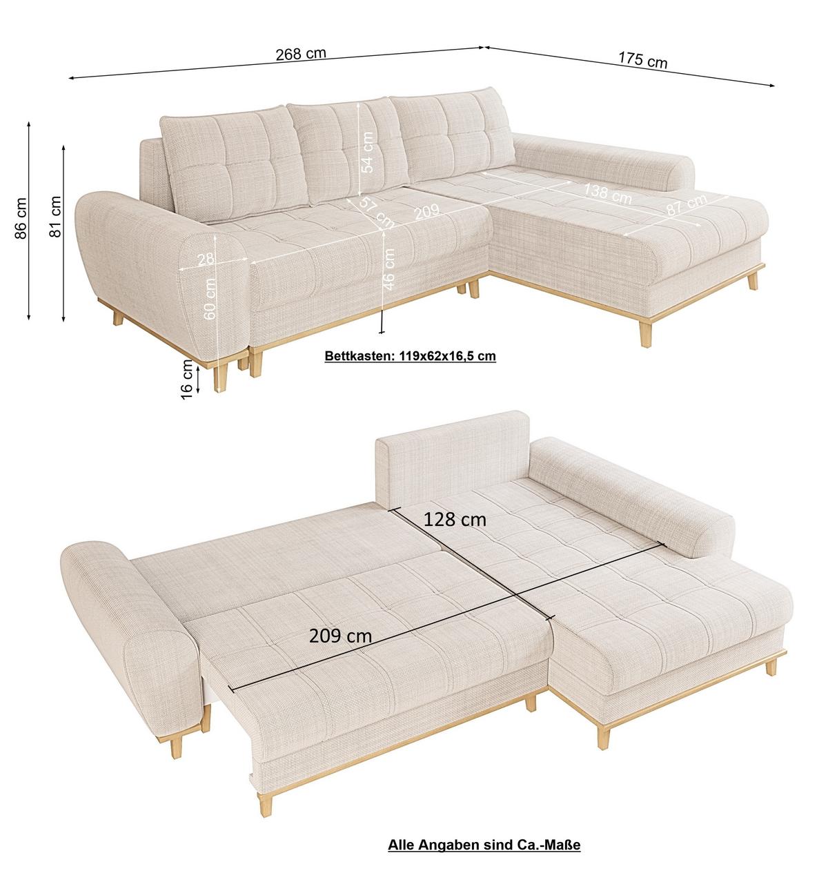 ECKSOFA im Scandi-Stil, Schlaffunktion, Bettkasten B268/T175/H86 cm, Ottomane rechts, Liegefl. 128x209 cm, Bouclé Chenille Stoff in Beige / 21013 - Eichefarben/Beige, Holz/Textil (268/175cm) - luma-home