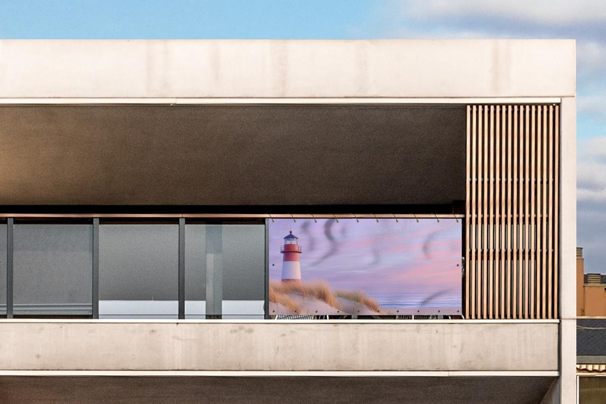 BALKON-SICHTSCHUTZ Leuchtturm - Dünen - Sonnenuntergang Balkon Deko 300x130 cm - Hellrosa, Kunststoff (300/130cm) - MuchoWow