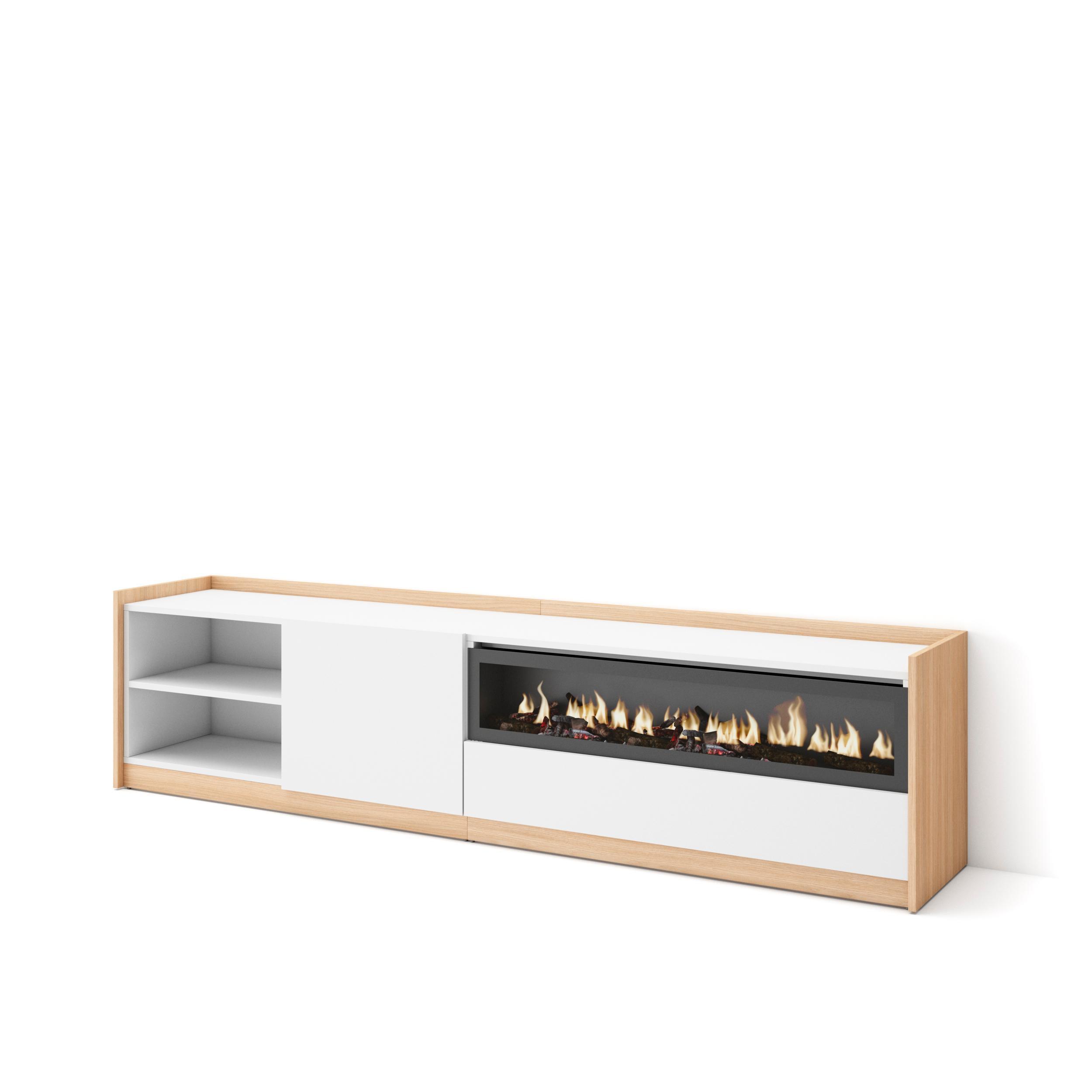 LOWBOARD, Weiß und Eiche Soft, Elektrokamin, 207/37/50cm - Weiß, Holzwerkstoff (207/50/37cm) - Skraut Home