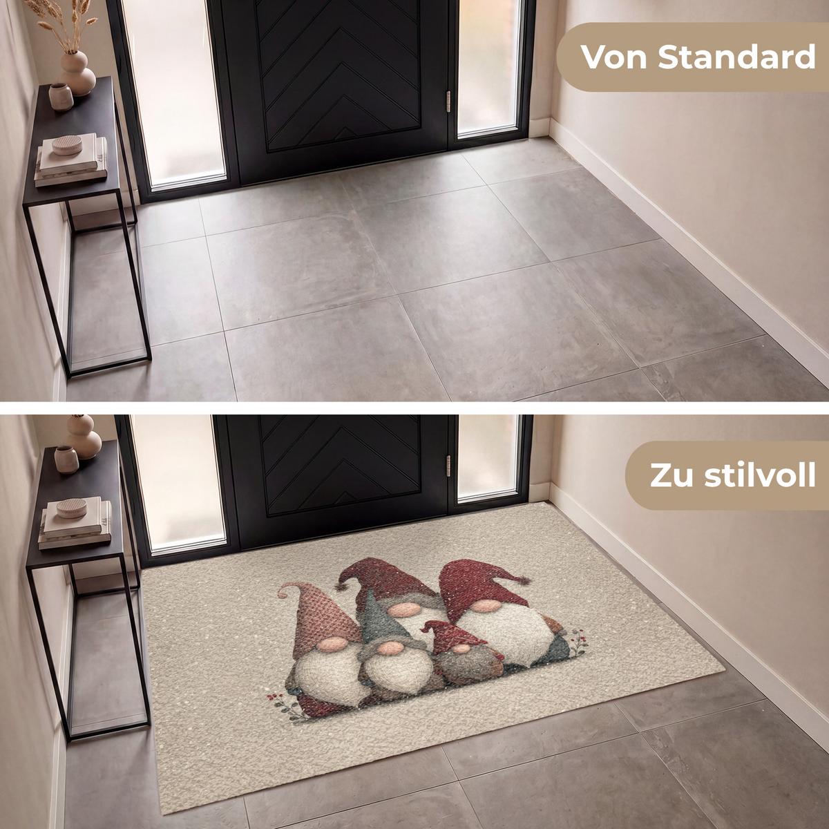FUSSMATTE Wichtel - Weihnachten - Schnee - Zipfelmützen Türmatte 180x120 cm - Beige, Kunststoff (180/0.4cm) - MuchoWow
