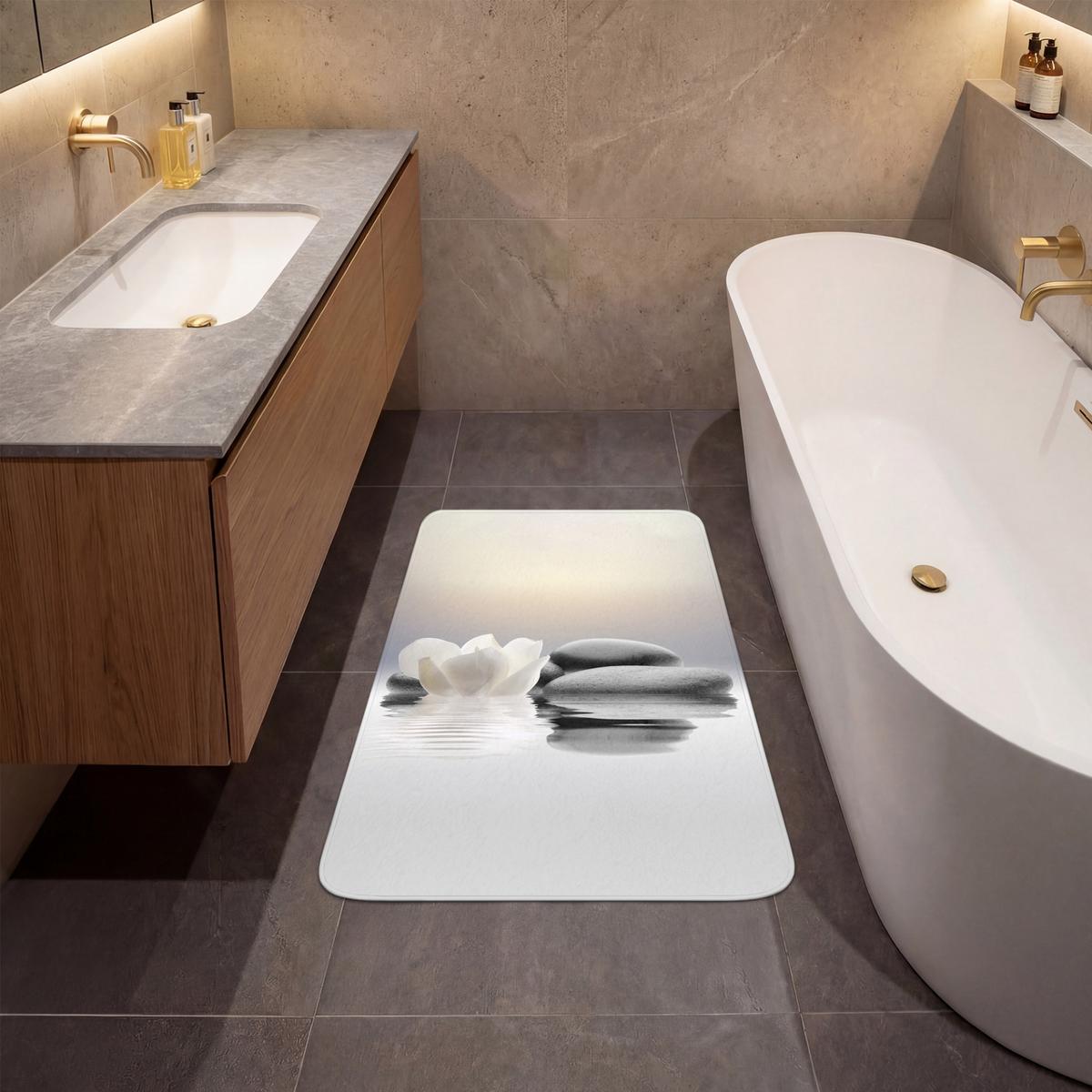 BADEMATTE Steine - Lotus - Weiß - Wasser - Zen 60x90 cm - Weiß, Textil (60/90cm) - OnlyWow