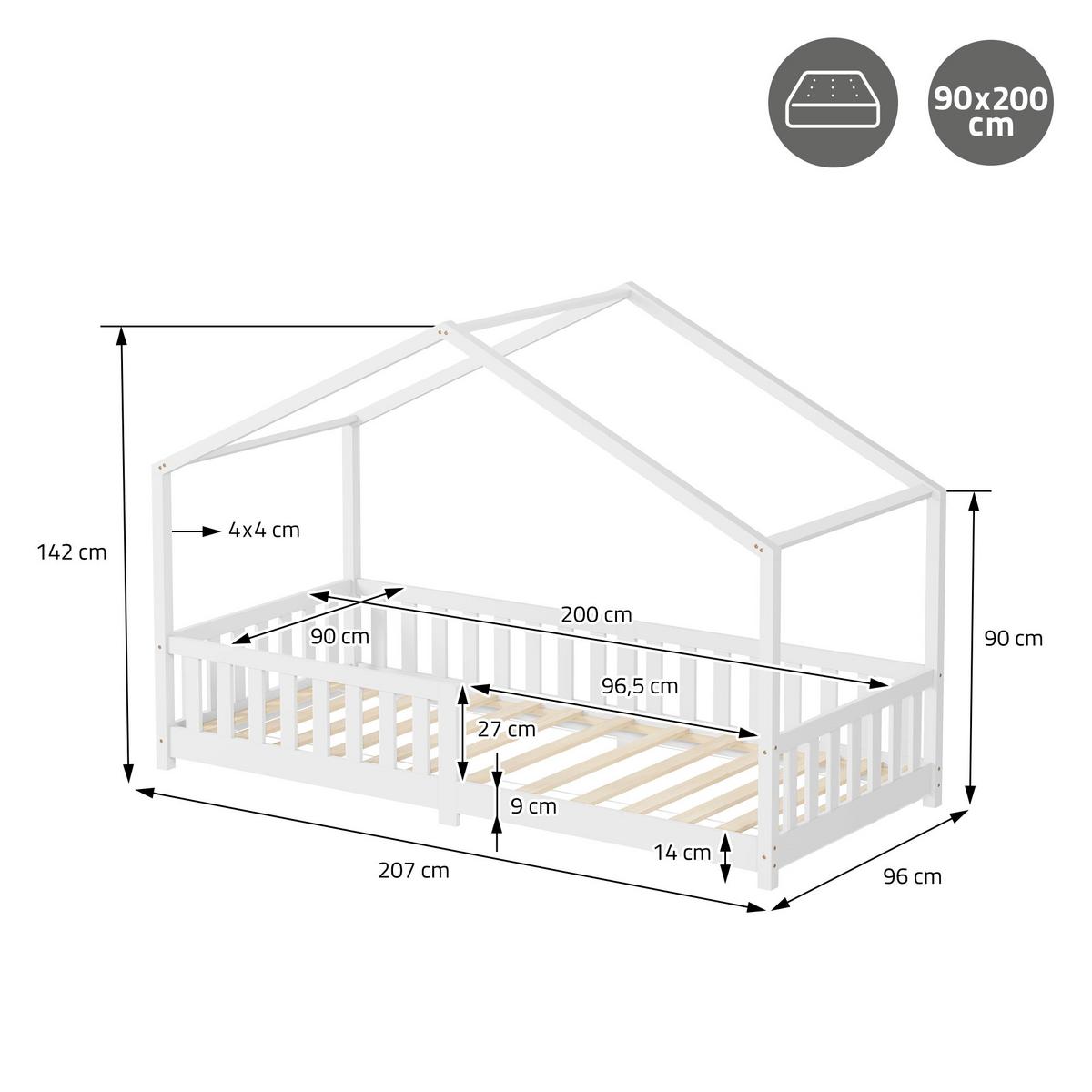 HAUSBETT 90x200 cm Weiß aus Kiefernholz mit Rausfallschutz - Weiß, Holz (90/200cm) - ML-DESIGN