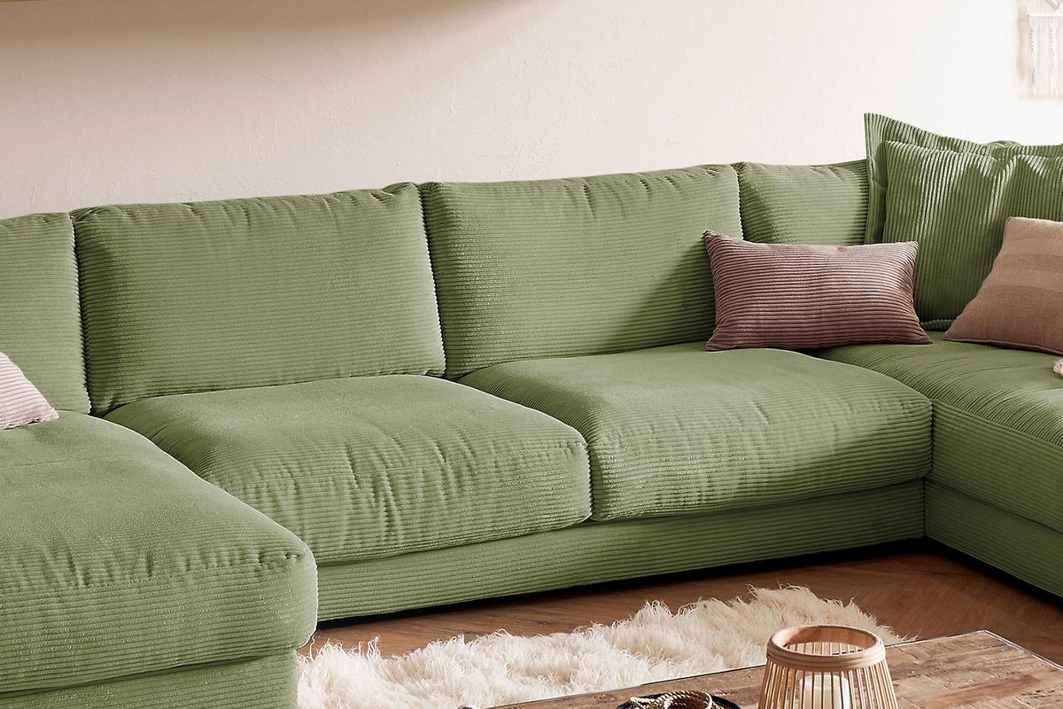 WOHNLANDSCHAFT MADELINE Dunkelgrün Cord - Dunkelgrün/Schwarz, Kunststoff/Textil (425/86/224cm) - KAWOLA