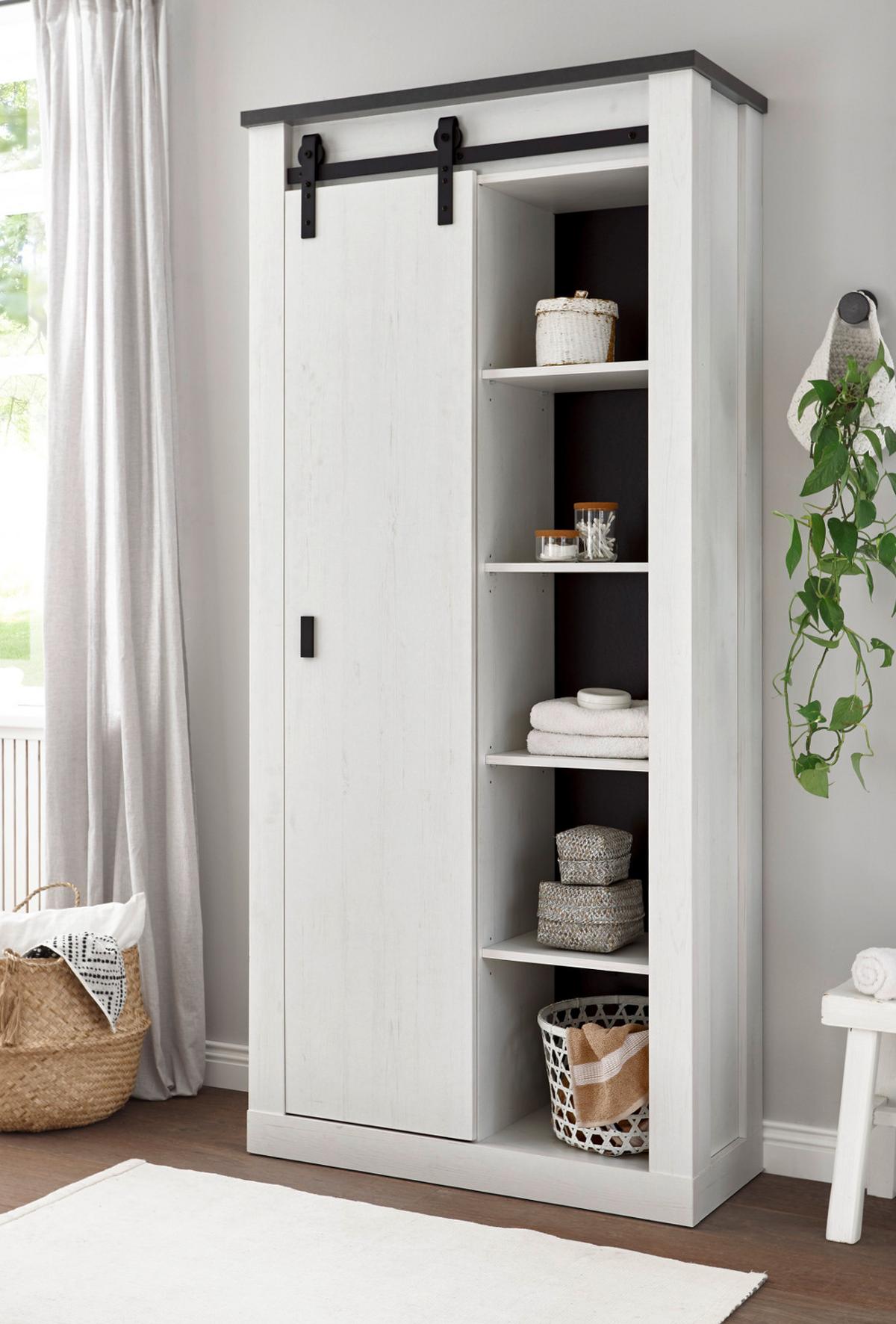 STAURAUMSCHRANK weiß Pinie, anthrazit, Landhaus, Regalschrank 93 x 201 cm Mehrzweckschrank - Anthrazit/Weiß, Holzwerkstoff/Metall (93/201/38cm) - Furn.Design