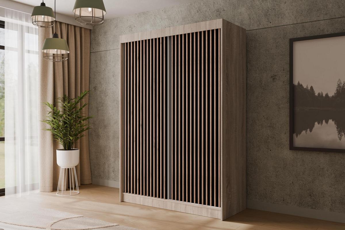 KLEIDERSCHRANK mit Lamel-Schiebetüren VILANv2 - 150 cm Sonoma Eiche + Lamelle Eiche Wotan - Eiche Wotan/Sonoma Eiche, Holzwerkstoff (150/215/61cm) - ALTDECOR