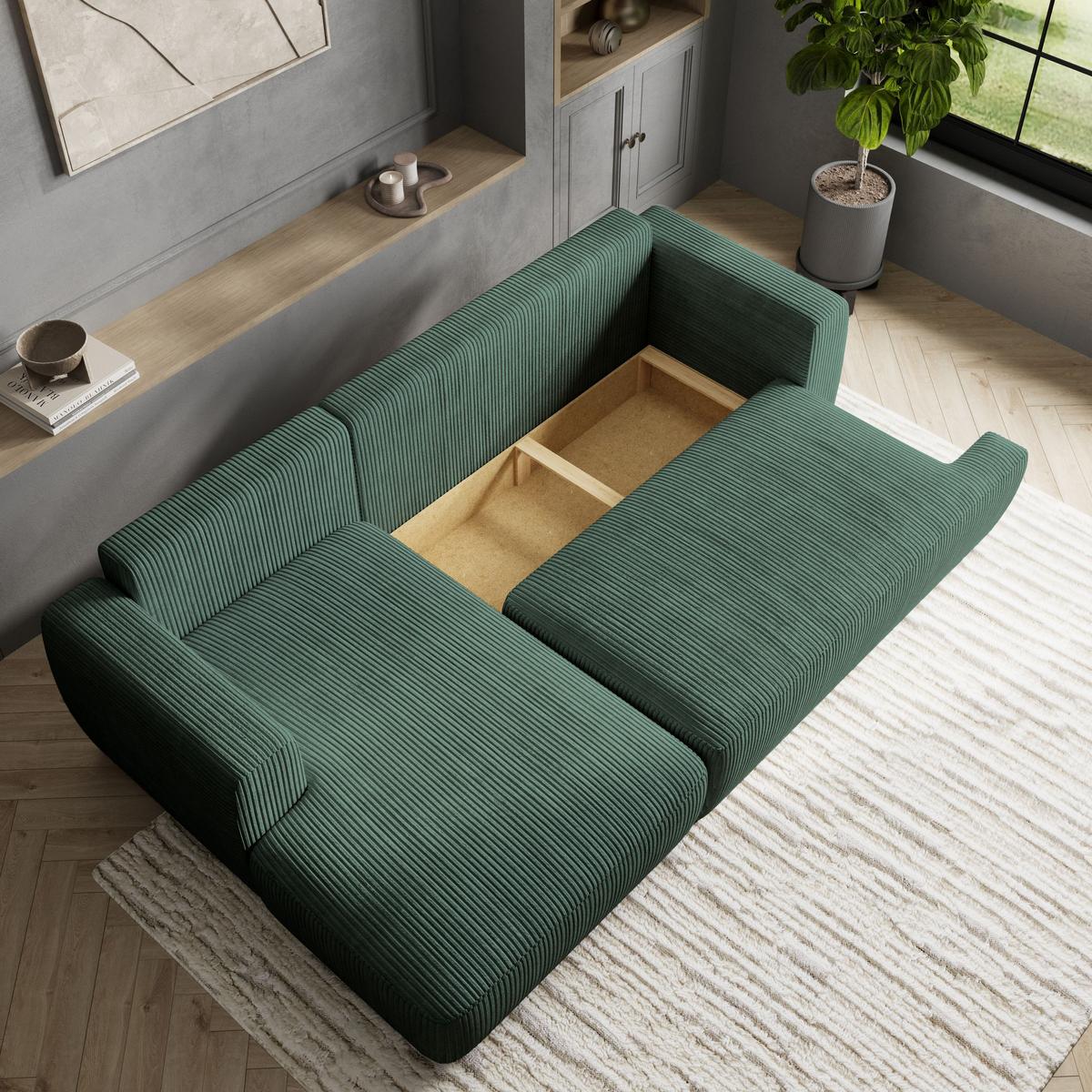 ECKSOFA SENTI P L-S Grün Kordstoff mit Schlaffunktion - Schwarz/Grün, Holz/Kunststoff (246/148cm) - MASSENO