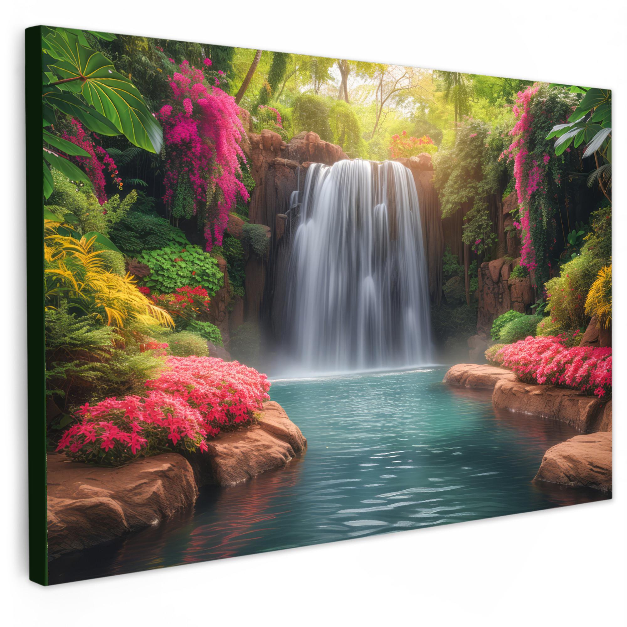 LEINWANDBILD Wasserfall - Natur - Pflanzen - Dschungel - Wasser Wohnzimmer Groß 120x80 cm - Grün, Textil (120/80cm) - MuchoWow