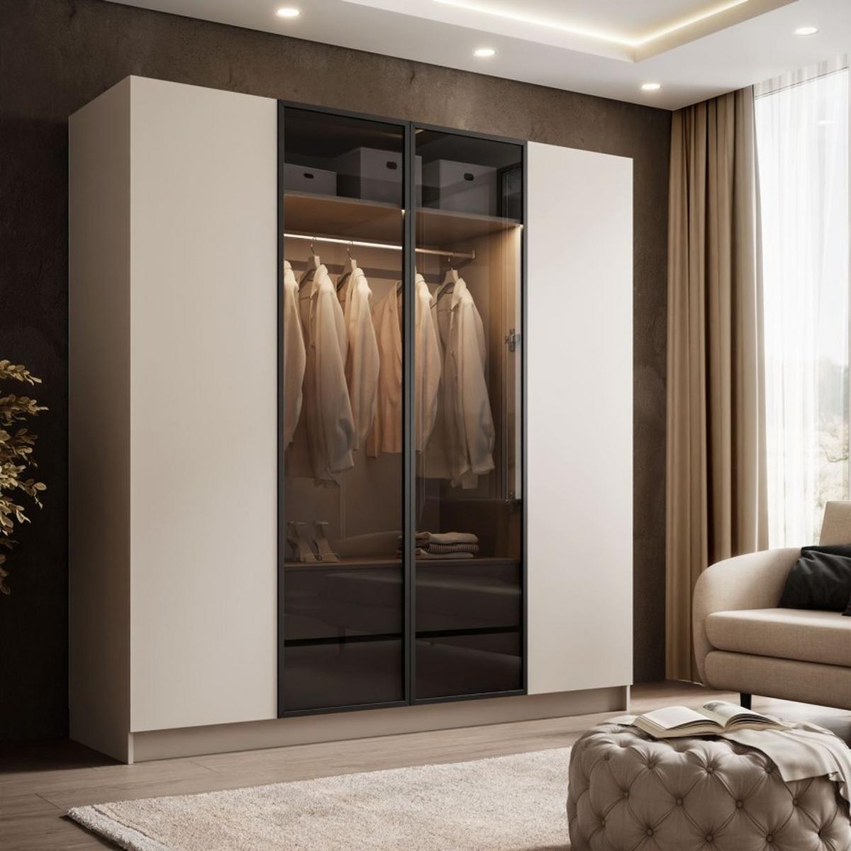 VIERTÜRIGER Schrank ATRIUM mit Glasfront - Kaschmir, Holzwerkstoff (200/210/57cm) - Lookway