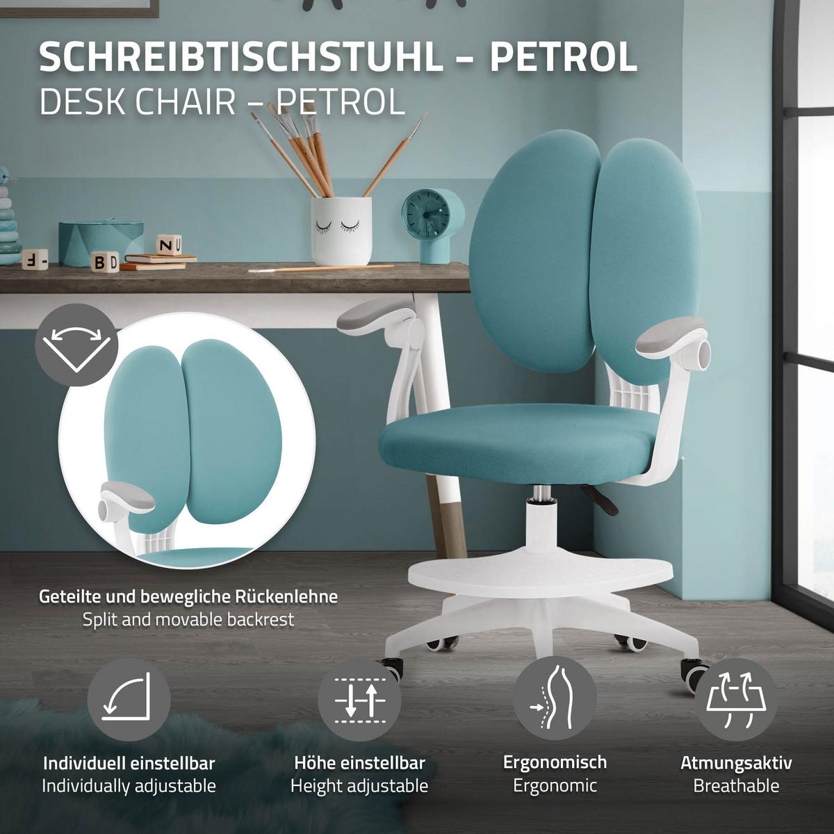 KINDERSCHREIBTISCHSTUHL Petrol 95-107 cm aus Polyester - Petrol/Weiß, Kunststoff/Textil (53/107/53cm) - ML-DESIGN