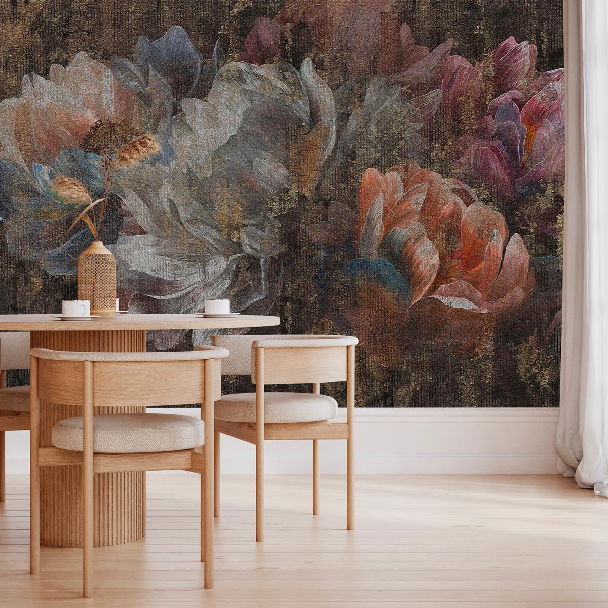 FOTOTAPETE für Esszimmer Gemalte Blumen Abstrakte Pfingstrosen Vintage 200x140 - Multicolor, Papier (200/140cm) - Muralo