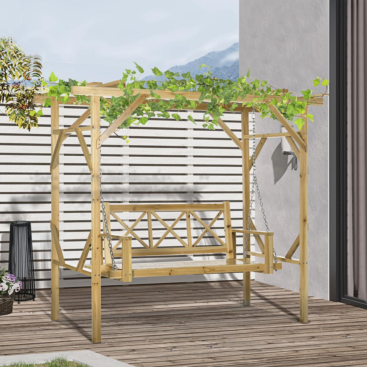 HOLLYWOODSCHAUKEL mit Pergola, Massivholz, Natur, 221 x 140 x 196 cm - Naturfarben, Holz (140/196/221cm) - Outsunny
