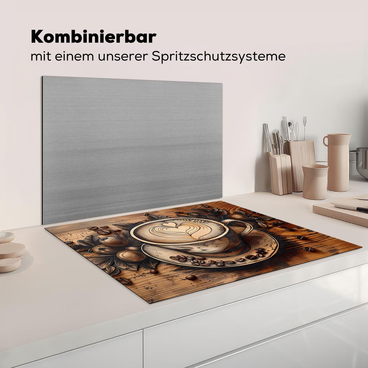 HERDABDECKPLATTE Kaffee - Vintage - Braun - Tasse - Holz Induktionsmatte 77x59 cm - Cappuccino, Kunststoff (77/59/0.2cm) - MuchoWow