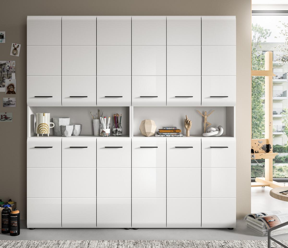 HOCHSCHRANK weiß Hochglanz 180 cm, Badezimmer Schrank mit viel Stauraum - Weiß Hochglanz/Silberfarben, Holzwerkstoff/Kunststoff (180/185/30cm) - Inn.Furn
