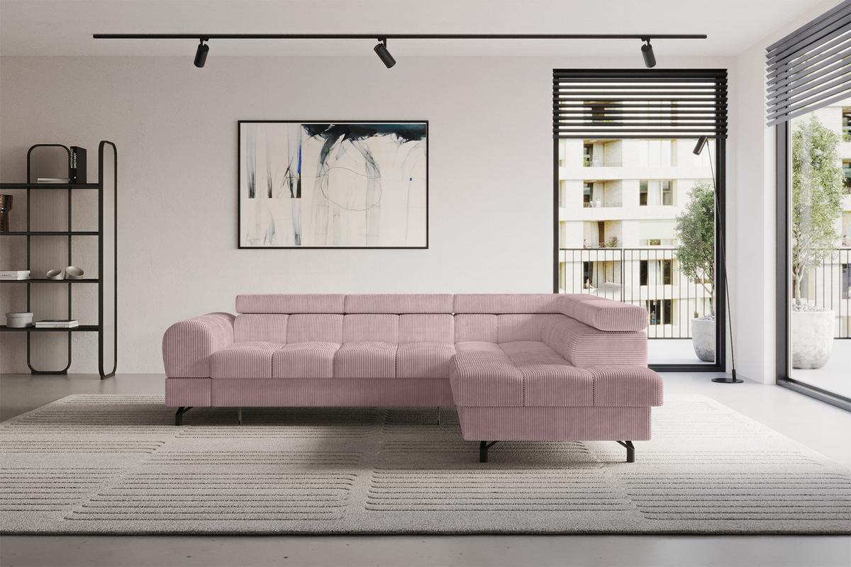 ECKSOFA mit Schlaffunktion Ottomane Rechts LUMA-L 272x203x70 Rosa Cord - Schwarz/Rosa, Holzwerkstoff/Kunststoff (203/272cm) - ALTDECOR