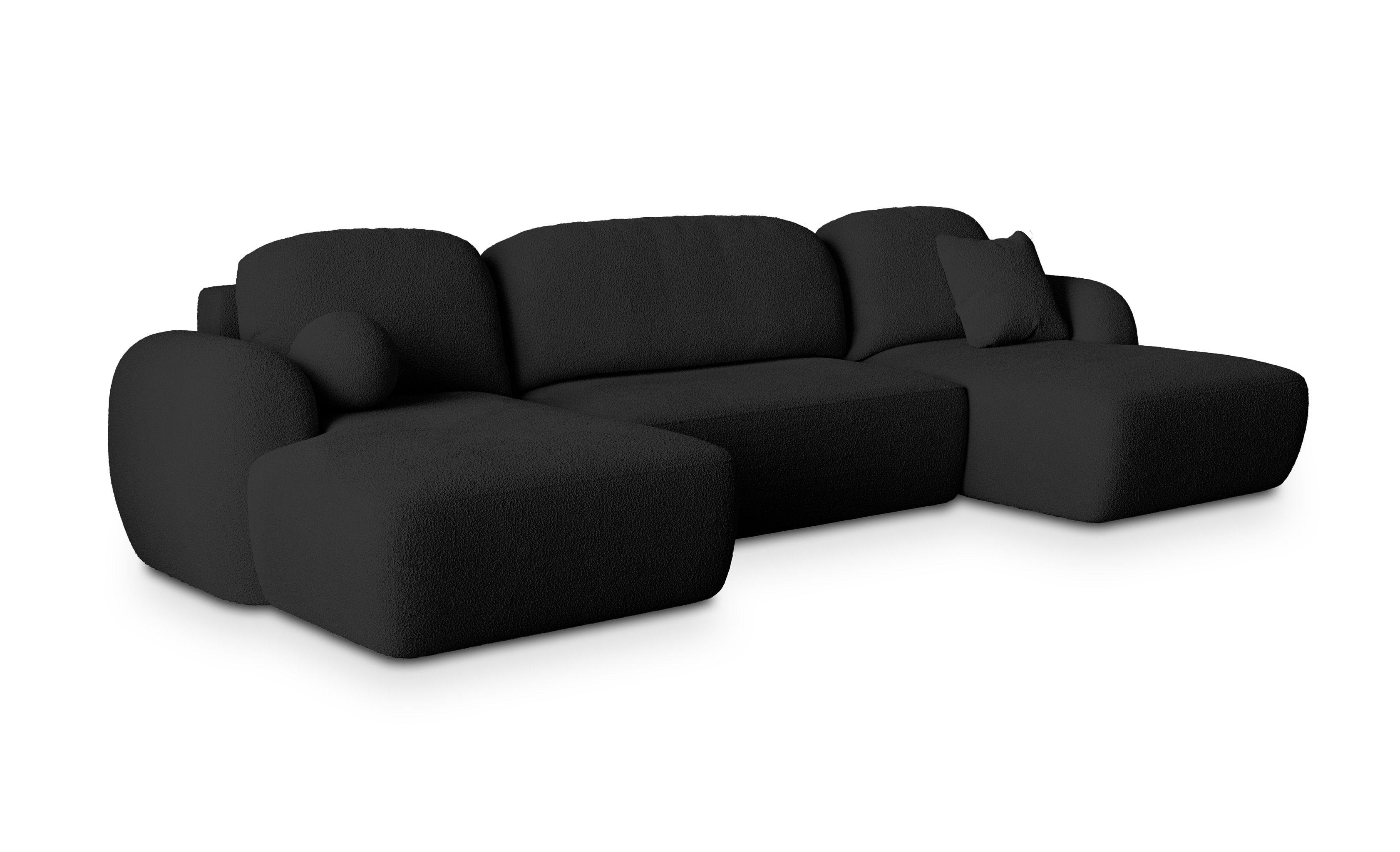 WOHNLANDSCHAFT SAVONA N Schwarz Boucle-Stoff mit Schlaffunktion - Schwarz, Holz/Kunststoff (320/90/148cm) - MASSENO