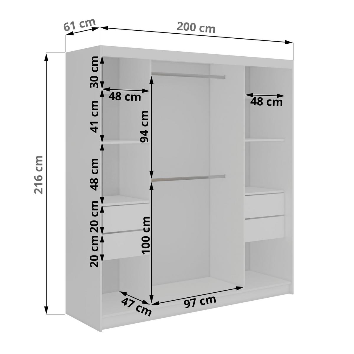 SCHWEBETÜRENSCHRANK mit Schubladen 200 - GRECJA - Weiß mit Spiegel - Alufarben/Weiß, Holzwerkstoff/Metall (200/216/61cm) - MKS
