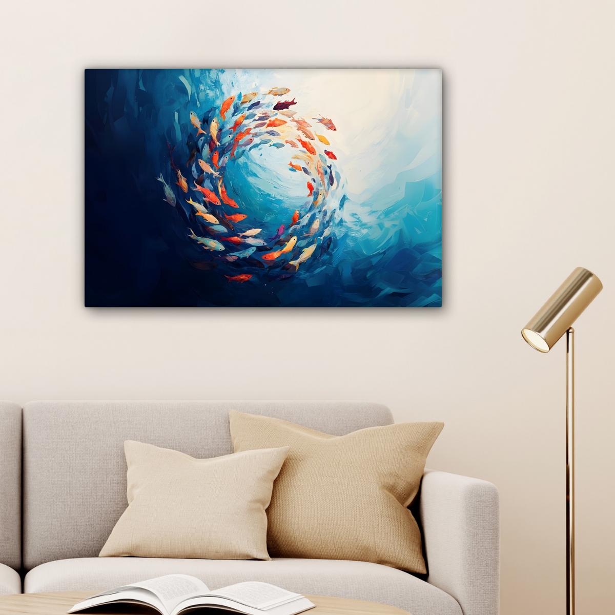 LEINWANDBILD Meer - Fische - Bunt - Dynamisch Wanddeko 90x60 cm - Hellblau, Textil (90/60cm) - MuchoWow