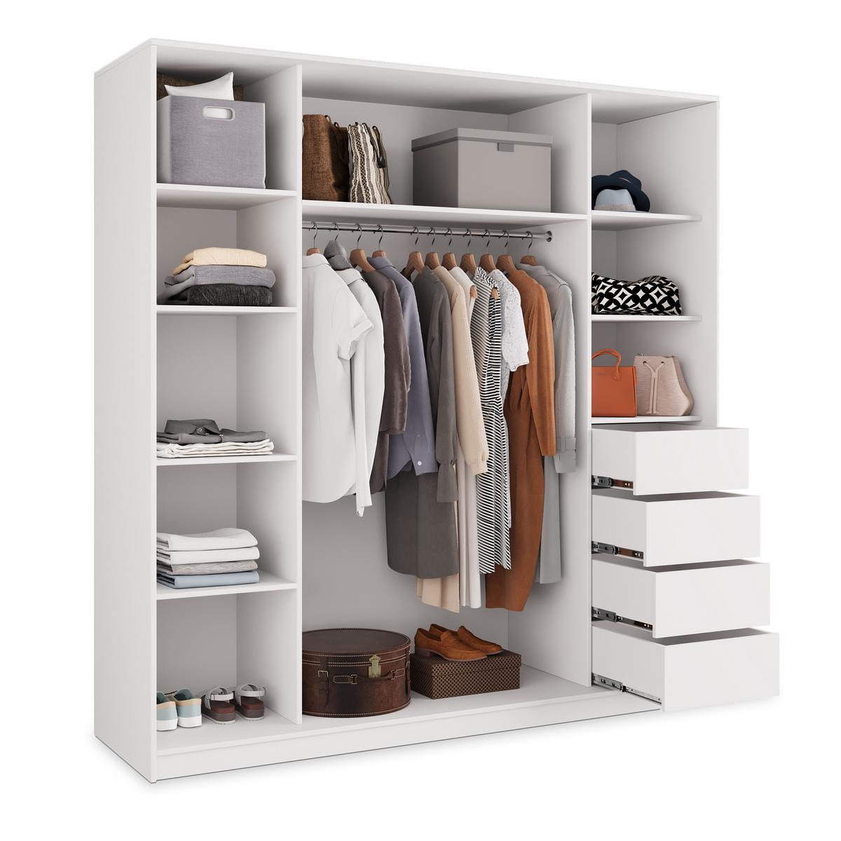 SCHWEBETÜRENSCHRANK PINA 200/205/58 cm 3-türig mit Spiegel und 4 Schubladen Weiß - Weiß, Holzwerkstoff (200/205/58cm) - MASSENO