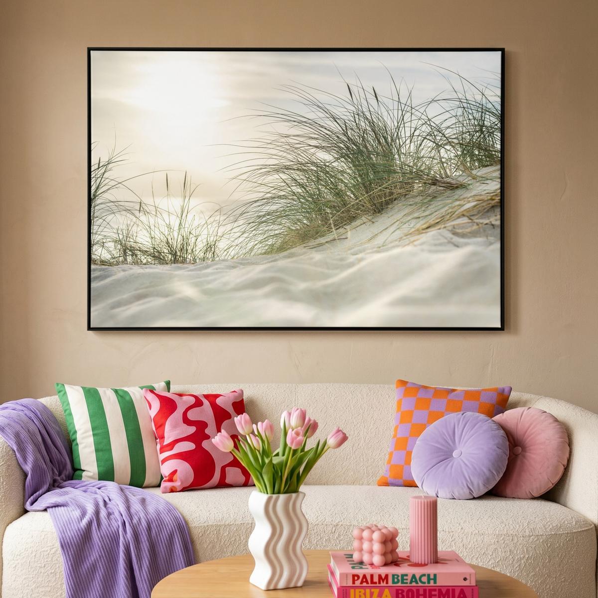 LEINWAND Bilder mit Rahmen - Dünen mit Strandhafer in der Sonne des Nationalparks Schleswig-Holsteinisches Wattenmeer - 150x100 - Creme, Textil (150/100cm) - MuchoWow