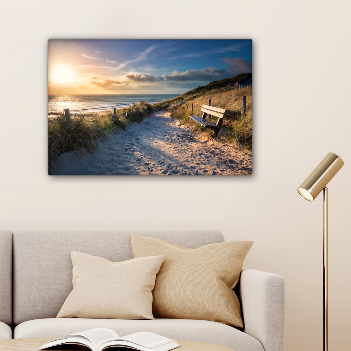 LEINWANDBILD Sonnenuntergang - Strand - Düne - Gras - Ufer Gemälde 60x40 cm - Sandfarben, Textil (60/40cm) - MuchoWow