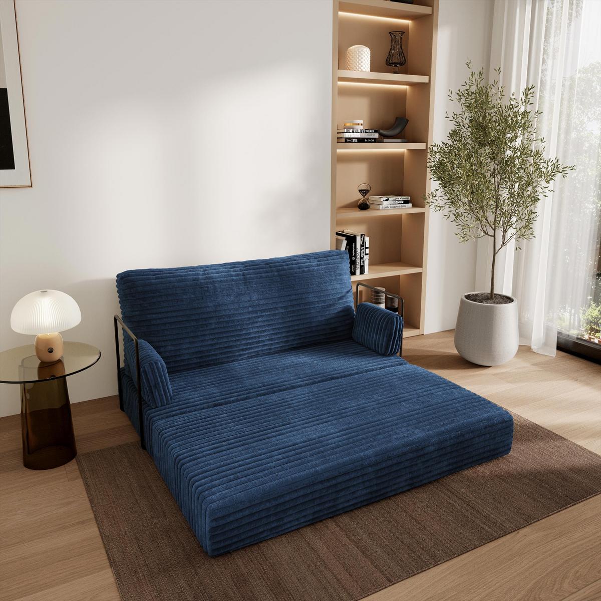 BETTSOFA LADIA aus Schaumstoff Kordstoff Blau Schlaffunktion - Blau, Textil (140/86/60cm) - MASSENO
