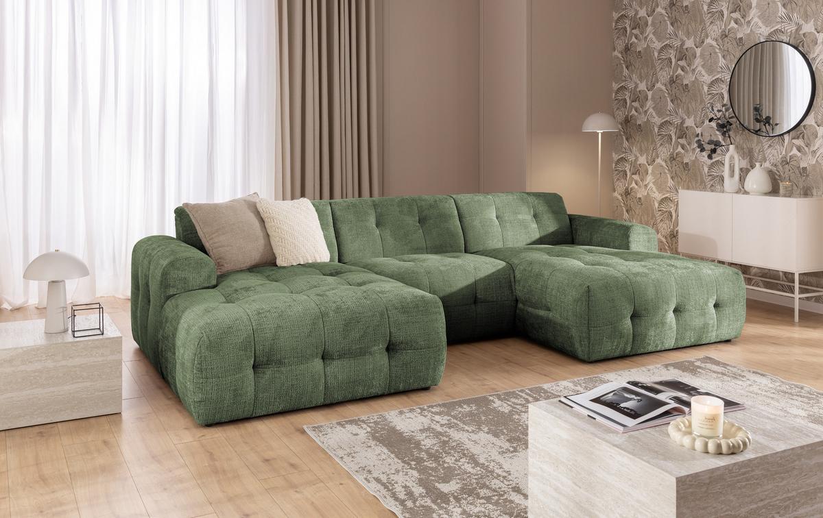 WOHNLANDSCHAFT in U-Form mit raffinierten Steppungen, 6-Sitzer, Wellenunterfederung, B323/T161/H79 cm, Chenille-Bezug in Grün / 21049 - Schwarz/Grün, Kunststoff/Textil (323/79/161cm) - luma-home