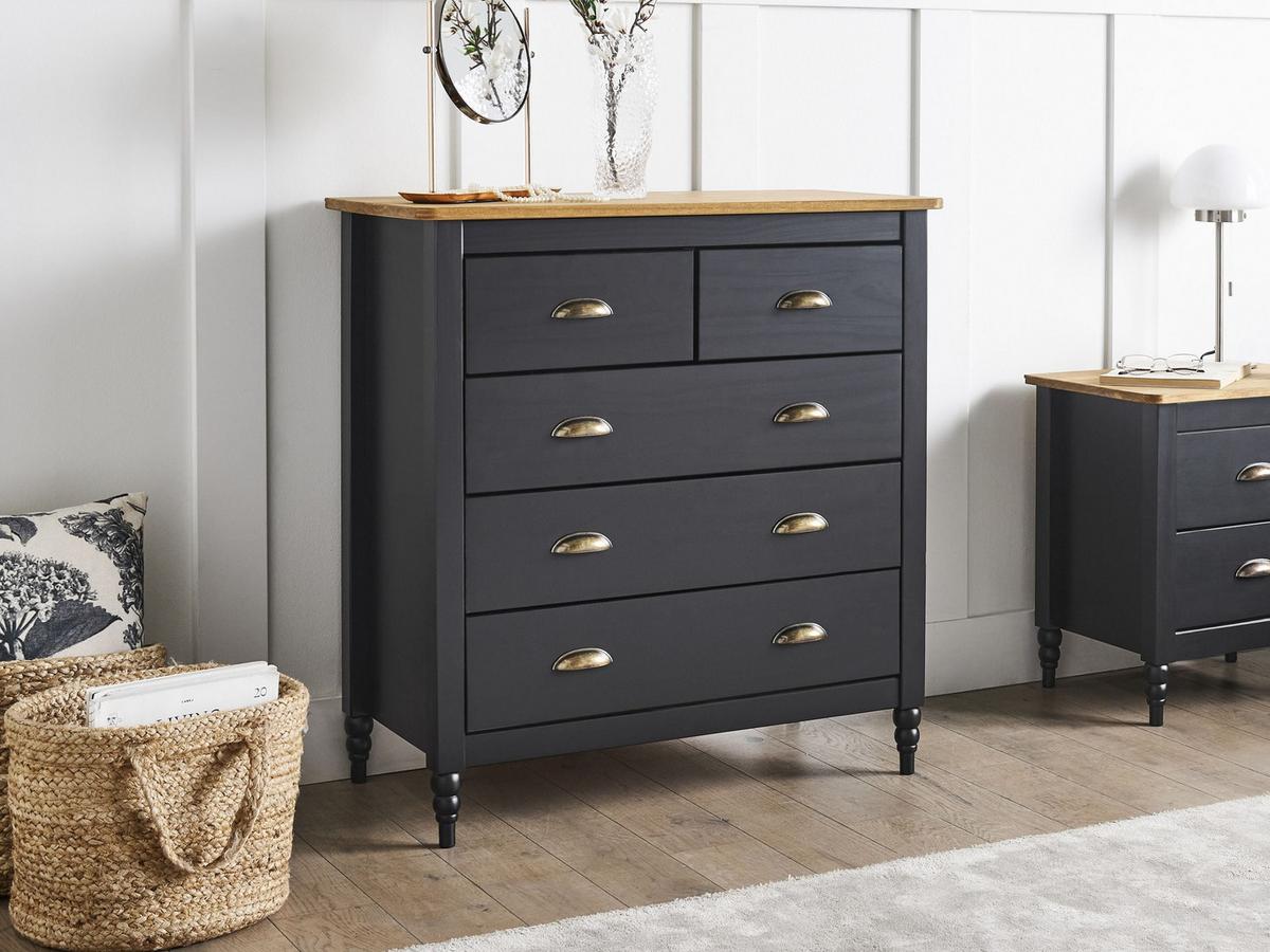 KOMMODE mit 5 Schubladen Kiefernholz Schwarz Shillington - Schwarz, Holz (79/83/40cm) - Beliani