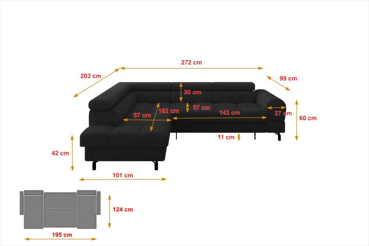 ECKSOFA mit Schlaffunktion Ottomane Links LUMA-L 272x203x70 Schwarz Velours - Schwarz, Holzwerkstoff/Kunststoff (272/203cm) - ALTDECOR