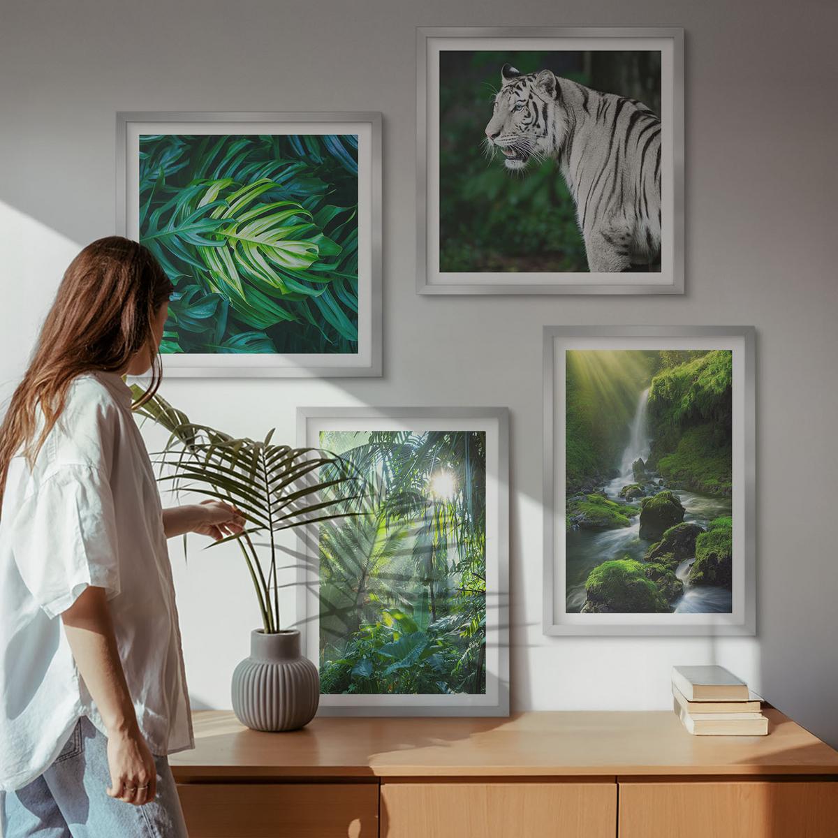 BILDER SET 4er Set - 50x50 cm & 40x60 cm Silberner Rahmen - Dschungel-Weißtiger-Wasserfall - Silberfarben, Kunststoff (50/50cm) - TULUP