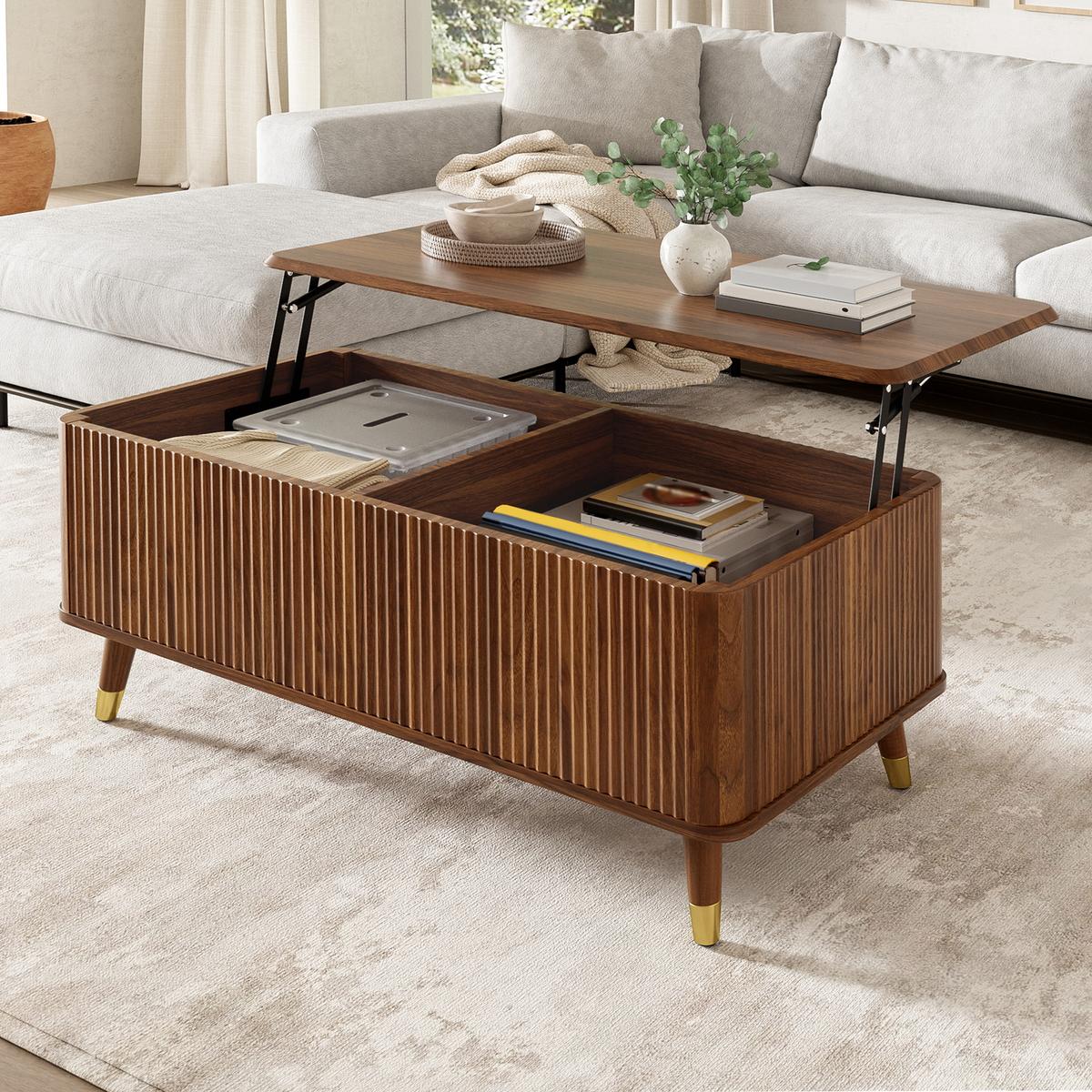 COUCHTISCH holzoptik & 3d-wellen-design mit lift-funktion & verstecktem stauraum - Walnussfarben, Holzwerkstoff (52/97/56.5cm) - Urban Meuble