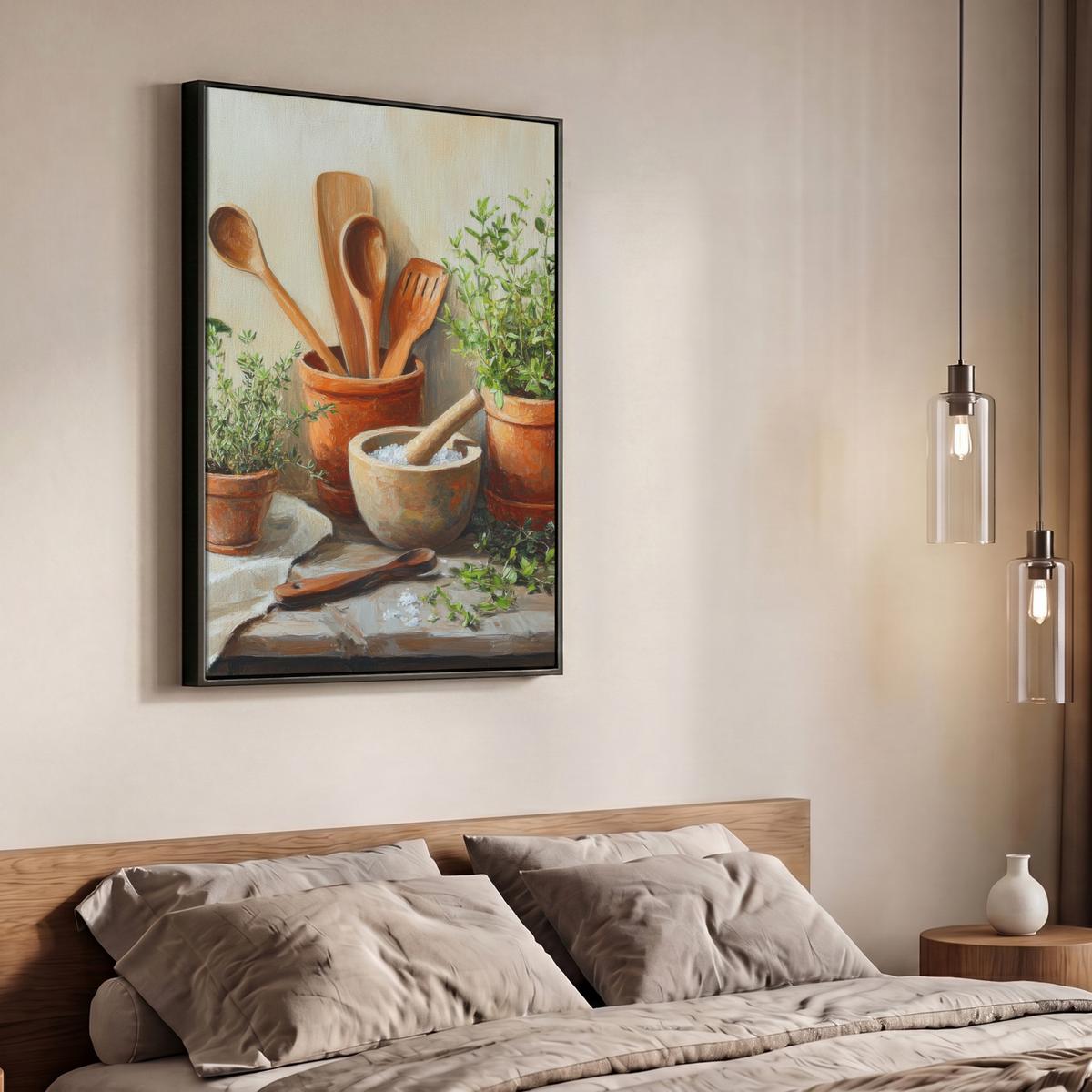LEINWAND Bilder mit Rahmen - Töpfe - Kräuter - Holz - 70x100 - Terracotta, Textil (70/100cm) - MuchoWow